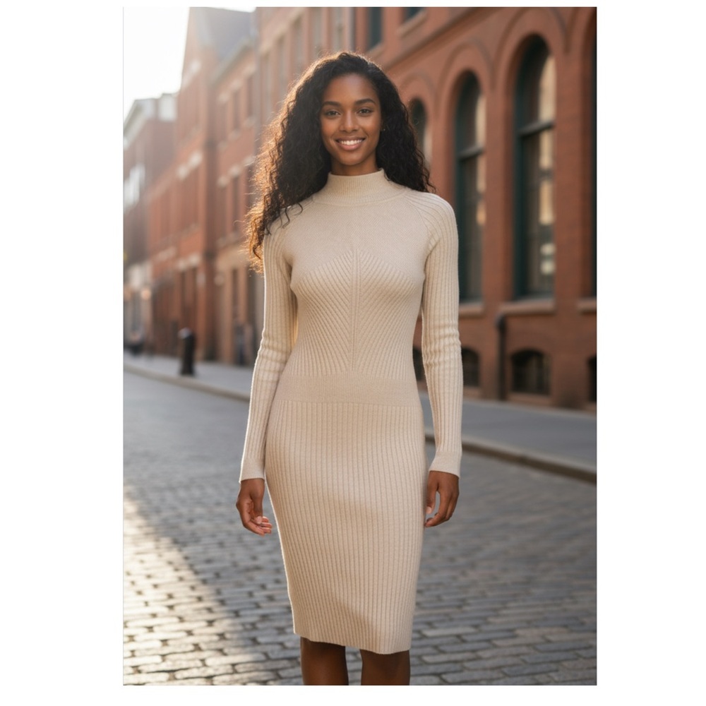Made With Love Beige Sweater Dress - Women's Size S - Knee Length